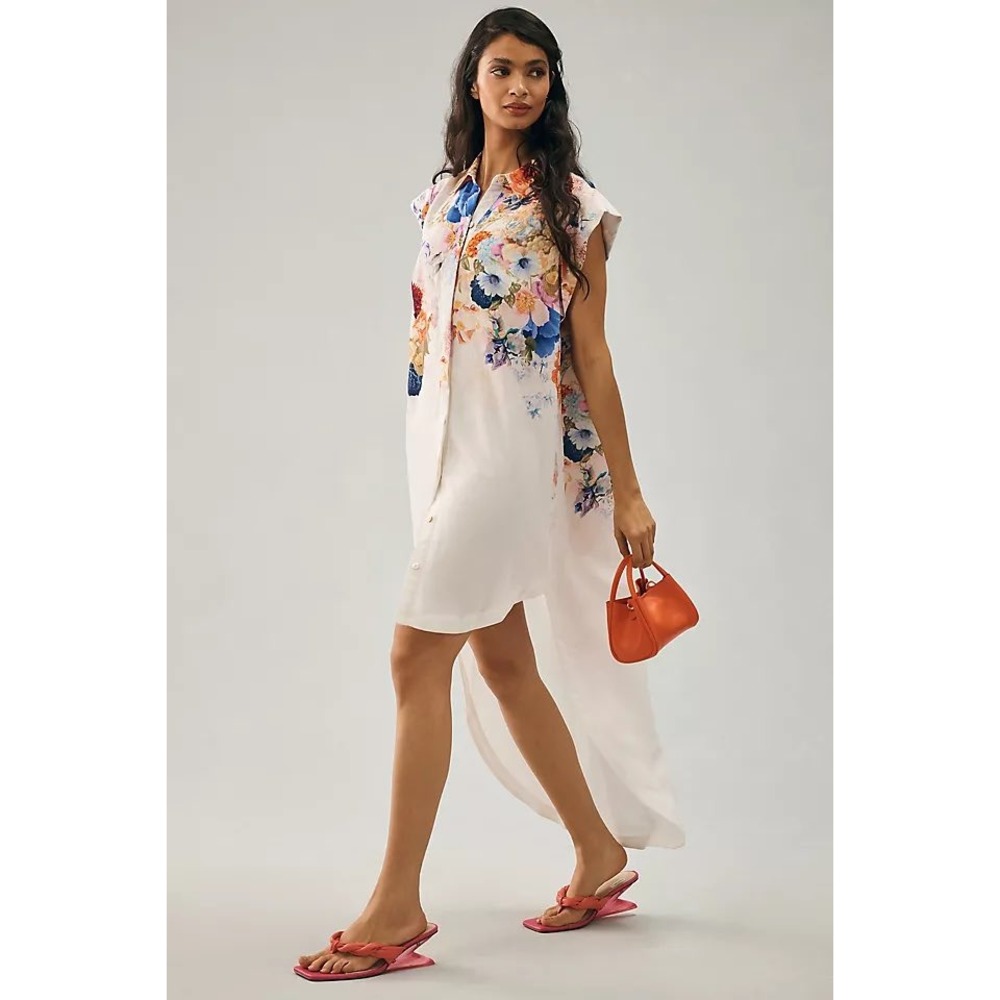 Maeve Anthropologie Floral High Low Sleeveless Shirt Dress White XL OB1661306